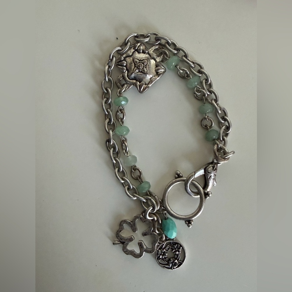 Lucky Brand Silver Four Leaf Clover & Turquoise Beaded Charm Bracelet